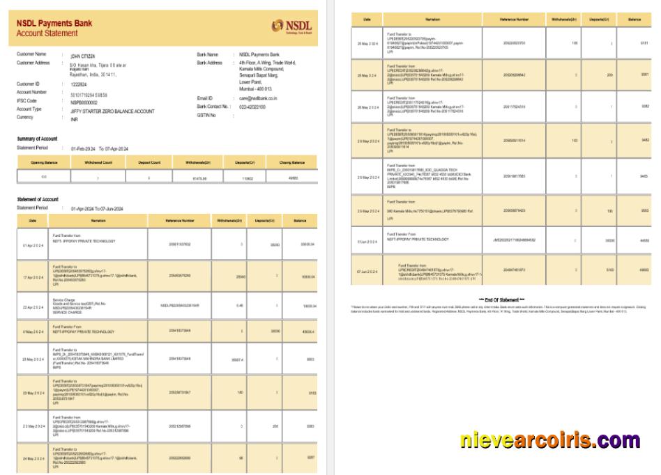 INDIA NSDL bank statement, Word and PDF format